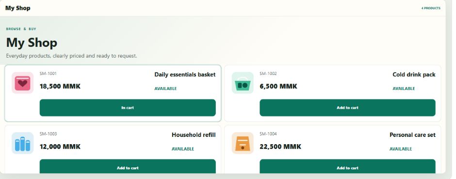 Catalog with product cards, prices and cart controls
