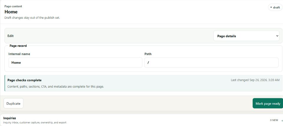 Page editor with page paths and content checks